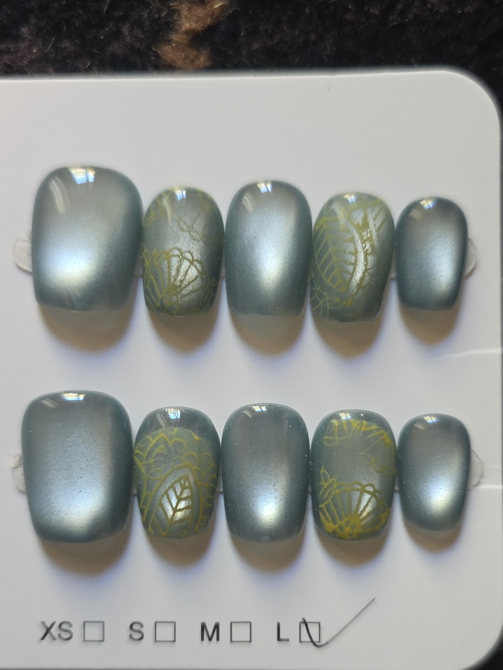 Metallic Sage Green Press-On Nail Set with Gold Leaf Accents Size Large